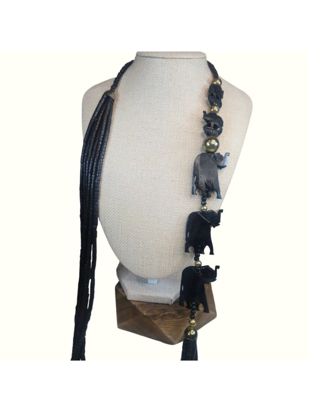 Black Stone Elephant Necklace With Brass Accents Multistrand Rope 40" Long Boho